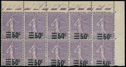 ** FRANCE - Poste - 223, Bloc De 10, Surcharge Très Déplacée Dont 2 Exemplaires à Cheval: 50c. S. 60c. Semeuse Lignée - Unused Stamps