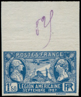 ** FRANCE - Poste - 245a, Non Dentelé Haut De Feuille, Signé Calves: 1.50f. Légion Américaine - Unused Stamps