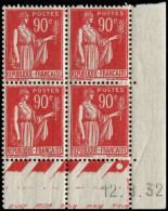 ** FRANCE - Poste - 285, Bloc De 4 Cd 12/8/32: 90c. Paix Rouge Carminé - Neufs