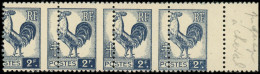 ** FRANCE - Poste - 640, Bande De 4 Horizontale, Piquage à Cheval: 2f. Coq (Spink) - Unused Stamps