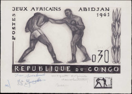 MAQ CONGO - Poste - 150, Type Non Adopté (0.30 Boxe, Jeux De 1961), Maquette Originale Encre Et Crayon (215x130), Signée - Autres & Non Classés