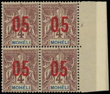 ** MOHELI - Poste - 17Aa, Bloc De 4 Dont 1 Ex Chiffres Espacés: 05 Sur 4c. Lilas-brun Sur Gris - Unused Stamps