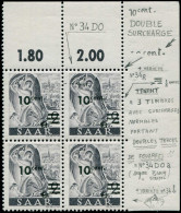 ** SARRE - Poste - 216, Bloc De 4, Double Surcharge, 3 Exemplaires Impression De La 2ème Surcharge à Sec, Le 4ème Exempl - Unused Stamps