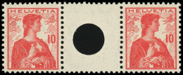 ** SUISSE - Poste - 131, Paire Avec Pont Et Grand Trou: 10c. Rouge (SBK S4) - Unused Stamps