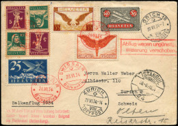 LET SUISSE - 1° Vols - 28/06/34, Balkanflug Zurich/Rome/Tunis/Zurich, Yvert Pa. 5+9+11a+13a, Enveloppe - Other & Unclassified