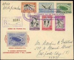 FDC GUATEMALA - Poste Aérienne - 173/78, Enveloppe Recommandée Illustrée 25/12/50 Pour Les USA: Sports, Foot, Tennis - Guatemala