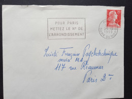 Marianne De Muller 1011C Sur Lettre,  Paris Gare Du Nord Le 20/10/1959 - 1955-1961 Marianne (Muller)