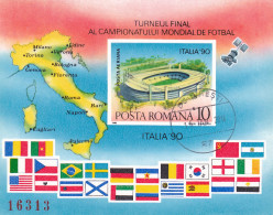 Romania 1990 Football Italia World Cup Mi#Block 262 Used,History - Sport - Transport - Various - Flags - Football, Space - Used Stamps