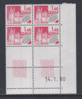 France Préoblitéré N° 168 XX Monuments Historiques : 1 F. 60 En Bloc De 4 Coin Daté Du 14 . 1 . 80 ; Ss Trait, Ss Ch. TB - Precancels