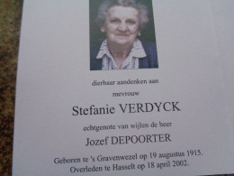 Doodsprentje/Bidprentje   Stefanie VERDYCK   's Gravenwezel 1915-2002 Hasselt  (Wwe Jozef DEPOORTER) - Religion & Esotérisme