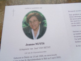 Doodsprentje/Bidprentje   Jeanne NUYTS   Balen 1929-2002 Mol  (Echtg Juul VAN RETHY) - Religion & Esotérisme