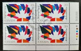 Canada 1990  USED  Sc1270   Plate Block 4 X 39c, Multiculturalism - Gebruikt