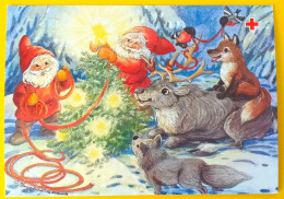 Elves Decorate The Christmas Tree, Reindeer, Fox And Birds Are Watching- Red Cross Finland Postal Stationery 1993 - Used - Postal Stationery