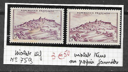 Variété Sur Le N° 759 Violet Vif Et Violet Terne Papier Jaunâtre, Neuf Charnière Quelques Taches Brunes - Nuevos