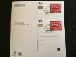 2008 Les 2 CPH 6 Oblitérés Avec Hologramme Exposition Prague Timbre Hradcany Mucha Rouge 10 CZK - Cartes Postales