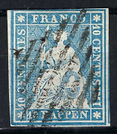 SUISSE Ca.1856-57: Le ZNr. 23Cc, 4 Marges Obl. "grille à 9 Barres" Signé Weidt Forte Cote - Usati