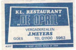 Dutch Matchbox Label, GOES - Zeeland, Kl. Restaurant DE OPRIL, Vergaderzalen, J. Meyers, Holland, Netherlands - Boites D'allumettes - Etiquettes