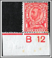 KGV 1d Bright Scarlet Stamp SG341 Control B12 Mounted Mint - Unused Stamps