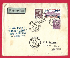 !!! TUNISIE, 1ER VOL POSTAL TUNIS-GÊNES DE 1938, AVEC CACHET DE TUNIS - Airmail