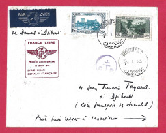 !!! GRAND LIBAN, 1ÈRE LIAISON AÉRIENNE FRANCE LIBRE SYRIE-LIBAN-CÔTE DES SOMALIS AVEC MARQUE DE CONTRÔLE POSTAL, DE 1943 - Luftpost