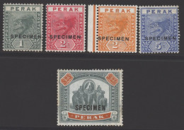 PERAK 1892-95 CCA Set Optd SPECIMEN, M, SG.61s/4s, 1899 CCC  Green & Orange Optd SPECIMEN, M (some Toning), SG.80s. (5)  - Other & Unclassified