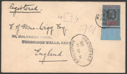 1911 Reg Cover To England Bearing KEVII 2r50 Black & Red/blue (SG.193), Tied Mauritius Single Circle D/stamp, Oval Reg M - Autres & Non Classés