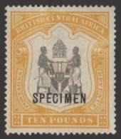 B.C.A 1897-1900 £10 Black & Yellow Optd SPECIMEN, Part O.g (heavy Mount Remnants), SG.52s. (1) Cat. £350 - Autres & Non Classés