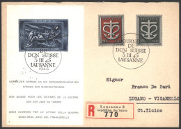 1945 10c + 10c, 20c + 60c, SG.445/6 & 3f + 7f, 1945 War Relief Fund M/Sheet Together On A Reg Cover To Lugano, Tied Fine - Autres & Non Classés