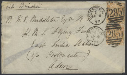 ADEN 1877 Cover To HMS Flying Fish, East India Station, Aden Franked 8d Orange Vertical Pair, Tied By Exeter Duplexes (S - Other & Unclassified