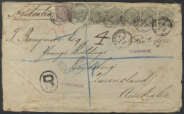 AUSTRALIA 1885 Reg Cover To Bundaberg, QLD, Australia, Franked 3d Lilac, 5d Green & 1s Green Strip Of Four + Single, SG. - Autres & Non Classés