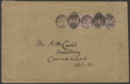 USA 1877 Cover From Birmingham, UK To Connecticut, USA, Franked 2½d Rose Mauve Pl.9 Strip Of Four HI-HL, Tied By Birming - Autres & Non Classés