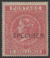 1867 Wmk Maltese Cross 5s Rose Pl.1 Optd SPECIMEN Type 6, Fine Unused, Slight Diagonal Corner Crease, SG.126s, Cat. £110 - Autres & Non Classés