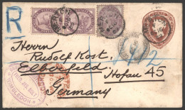 1889 1½d Brown Postal Stationery Envelope Sent Registered From Cottenham Park, Wimbledon To Germany Uprated With Surface - Autres & Non Classés