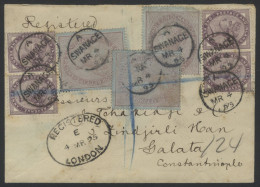 1895 Reg Cover From Swanage Via London To Constantinople With Most Unusual Frankings Of 1s Lilacs (4) & 1d Lilac Fiscals - Autres & Non Classés