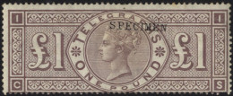 1877 £1 Brown Lilac CS Wmk Shamrocks, Optd SPECIMEN, Type 9, Fresh M (centred Low To Right, Single Pulled Perf At Base), - Sonstige & Ohne Zuordnung