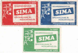 3 Dutch Matchbox Labels, GOES - Zeeland, Sigarenmagazijn SIMA, Rookartikelen, Holland, Netherlands - Boites D'allumettes - Etiquettes