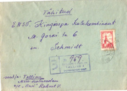 Soviet Union:Russia:USSR:1 Rouble Kremlin Tower Stamp And Registered Estonian Tallinn And Kingissepp Cancellations 1956 - Storia Postale