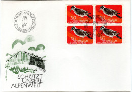 LIECHTENSTEIN   Woodpecker, Bloc Of 4   /  Pics, Bloc De Quattre,  FDC  1974 - Specht- & Bartvögel