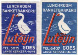 2 Dutch Matchbox Labels, GOES - Zeeland, Lunchroom Banket Bakkerij Luteijn, Goose - Gans, Holland, Netherlands - Boites D'allumettes - Etiquettes