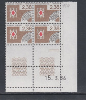 France Préoblitéré N° 184 XX Cartes à Jouer : 2 F. 38 En Bloc De 4 Coin Daté Du 15 . 3 . 84 ;  2 Traits, Sans Ch. TB - Prematasellados