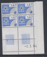 France Préoblitéré N° 183 XX Cartes à Jouer : 1 F. 47 En Bloc De 4 Coin Daté Du 2 . 3 . 84 ;  Sans Trait, Sans Ch. TB - Vorausentwertungen