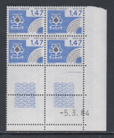 France Préoblitéré N° 183 XX Cartes à Jouer : 1 F. 47 En Bloc De 4 Coin Daté Du 5 . 3 . 84 ;  1 Trait, Sans Ch. TB - Precancels