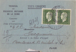 Lettre Du Tribunal De 1° Instance Rec. Provisoire Obl. Paris 42 Le 2/5/45 Sur 3f Dulac X 2 N° 694 (tarif Du 1/3/45) - 1944-45 Marianne Van Dulac