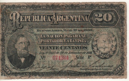 ARGENTINA  20 Centavos P215  	 L. 29.09.1891   (  Lieutenant-General Bartolomé Mitre  + Head Of Bull At Back ) - Argentinië