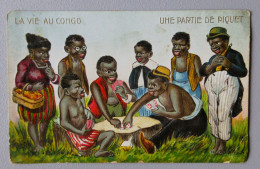 Carte Couleur En Relief LA VIE AU CONGO  Une Partie De Piquet - Jeu De Carte - Congo Belge