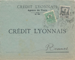 1927 TUNISIE 50c Et 25c PERFORÉ " CL " Agence De Tunis Crédit Lyonnais - Lettre Double Port > Rennes France - Brieven En Documenten