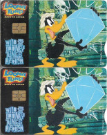 S. Africa - Telkom - Looney Tunes Daffy Duck, 2 Cards (Different CN's Big & Small), Gem5 Red, 2003, 20R, Both Used - Suráfrica