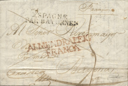 D.P. 13. 1825 (24 JUN). Carta De La Fuente A Bayona. Aspas En Tinta. Marca Aplicada En Tránsito "ALMENDRALEJO FRANCA" Nº - ...-1850 Préphilatélie