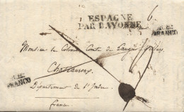 D.P. 14. 1823. Carta De Aranda De Duero A Chateauroux (Francia). Marca De Franquicia Nº 6N Aplicada Dos Veces Y "ESPAGNE - ...-1850 Prephilately