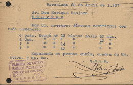 Tarjeta Circulada De Barcelona A Manresa, El 20/4/37. Al Dorso Marca "Fabrica De Cintas / Enrique Bonjorn / Comité De Co - Republicans Censor Marks